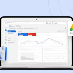 9 Google Ads Bidding Strategies & Tips to Run Effective Campaign 27 A laptop screen displaying the Google Ads dashboard with various performance metrics and insights. A gavel icon and the NestScale logo are also visible.