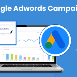 Step by Step Guidance on how to Create a Google Ads Campaign 3 A laptop screen showing a Google Ads campaign interface with a graph, the Google Ads logo, and the text "PAY PER CLICK."