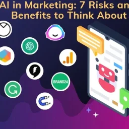 AI In Marketing: 7 Risks And Benefits To Think About 27 A smartphone screen showing a chatbot, surrounded by various AI-related icons and the text "AI in Marketing: 7 Risks and Benefits to Think About."