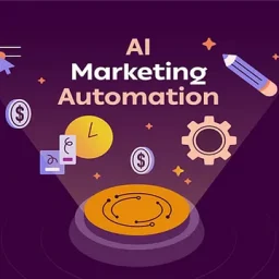 A circular button with a glowing orange center, surrounded by icons representing various marketing automation tools and processes, with the text "AI Marketing Automation" above.