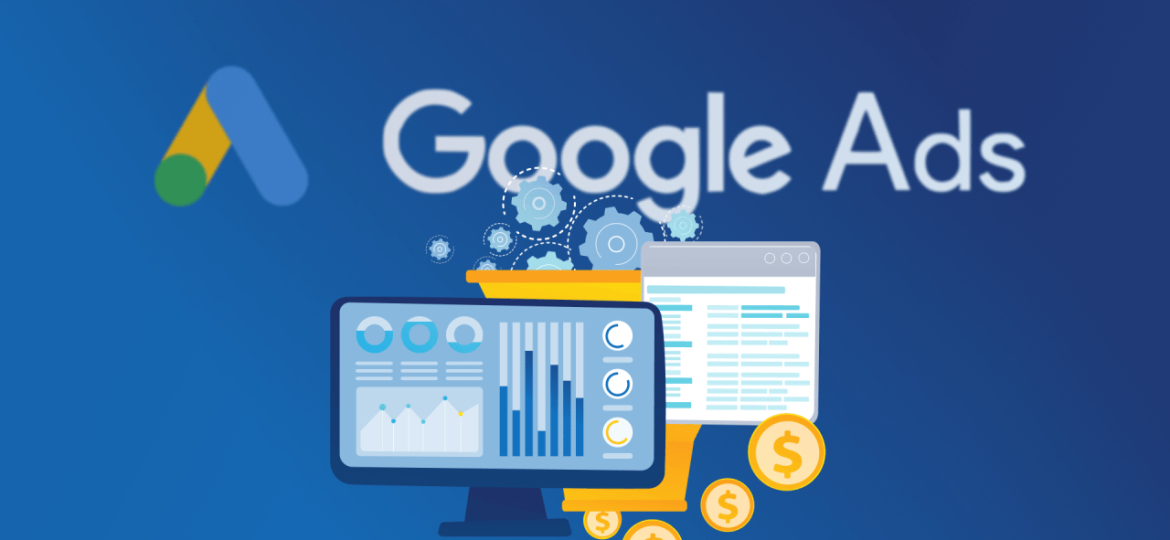 Google Ads logo with a computer screen showing analytics data, a funnel representing the customer journey, and dollar coins, symbolizing the cost-per-click model.