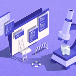 A computer screen with code and a file labeled "Behavioral Analytics" next to a microscope, ladder, and roadblock.