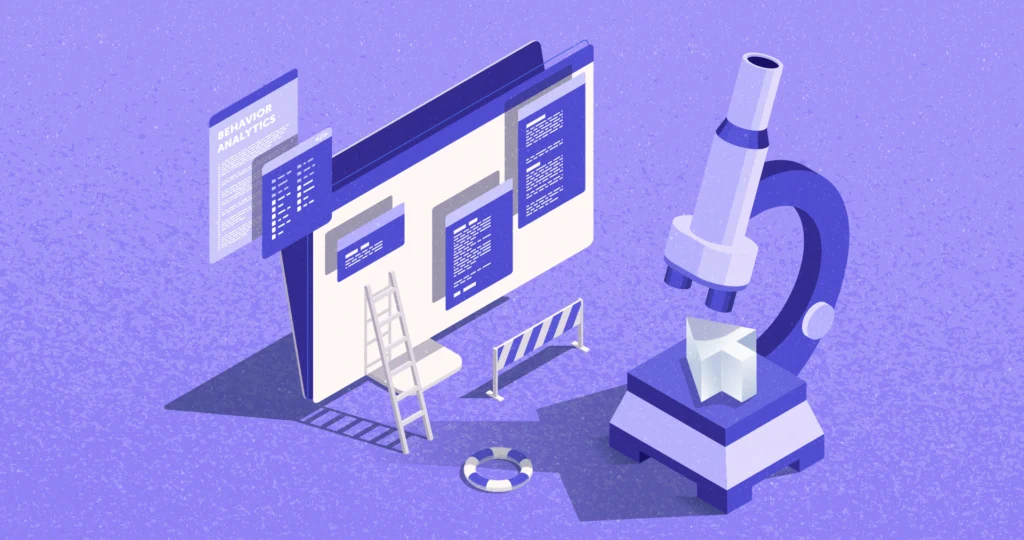 A computer screen with code and a file labeled "Behavioral Analytics" next to a microscope, ladder, and roadblock.