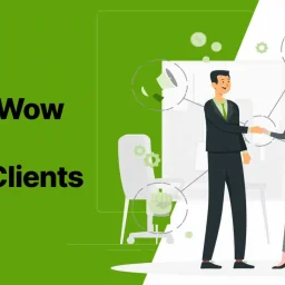 Two business professionals shaking hands with graphs and success icons, representing client retention strategies