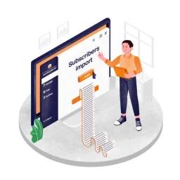 How to Build an Email List: 14 Winning Tactics with Dos & Don'ts | Sender 5 A person using a digital interface to import subscribers, shown on a large screen with a scroll-like document symbolizing data being uploaded. The interface has options like "Manage," "Help," and "Settings" visible on the left side.