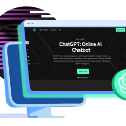 A laptop screen displaying the ChatGPT website, with the logo and a description of the AI chatbot. The background features a circular design in purple and black, and a green symbol.