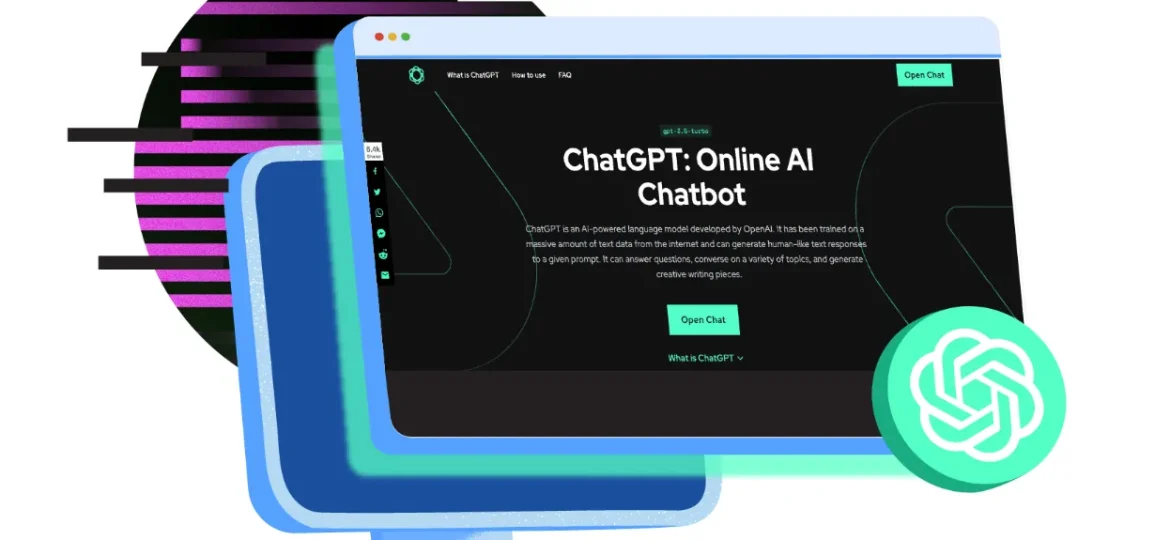 A laptop screen displaying the ChatGPT website, with the logo and a description of the AI chatbot. The background features a circular design in purple and black, and a green symbol.