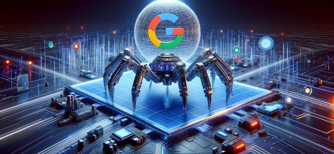 A robotic spider, symbolizing a search engine crawler, standing on a circuit board with a glowing Google logo in the background.