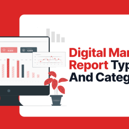 Digital Marketing Report Types And Categories 29 A man is sitting at a computer, looking at a chart on the screen. The chart shows various data points and trends. The image is accompanied by the text "Digital Marketing Report Types and Categories."
