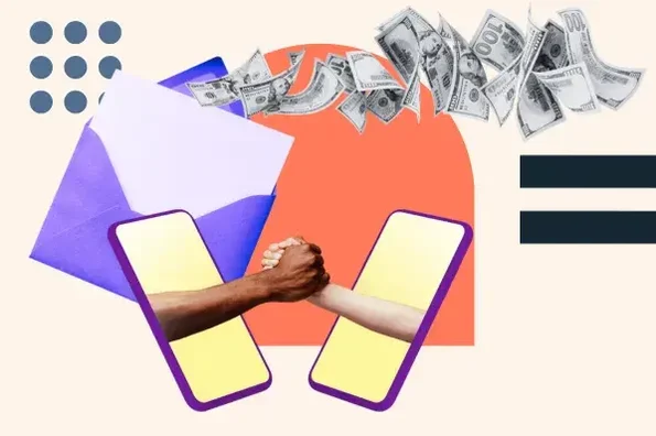 A collage of images depicting a handshake between two people emerging from their smartphones, an envelope, and money falling from the sky.