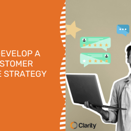 10 Tips to Develop a Winning Customer Experience Strategy 7 A person writing "10 TIPS TO DEVELOP A WINNING CUSTOMER EXPERIENCE STRATEGY" on a whiteboard, with a laptop showing a customer service chatbot in the background.