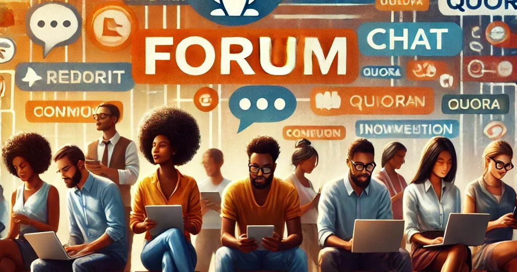 A diverse group of Black individuals engaging in a lively forum discussion, using laptops and smartphones in a vibrant digital environment.