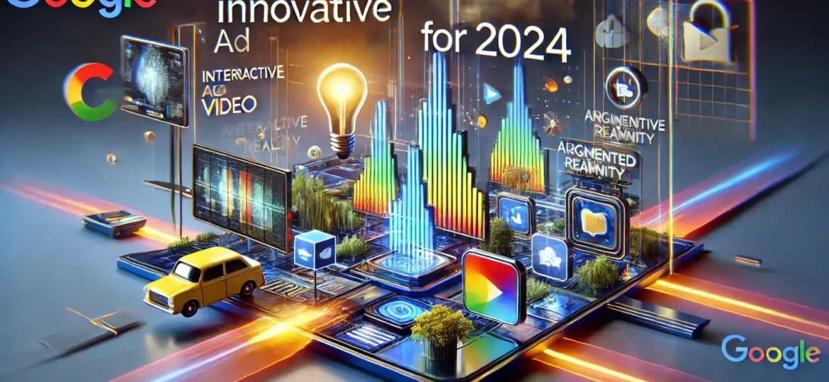 A dynamic and colorful illustration showcasing Google's innovative ad formats for 2024. The image features a central smartphone with interactive video, augmented reality, and immersive experiences. The background highlights various ad formats like video ads, display ads, and interactive elements.