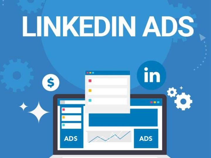 : A laptop screen displaying the LinkedIn logo, with the text "LINKEDIN ADS" and various marketing symbols surrounding it.