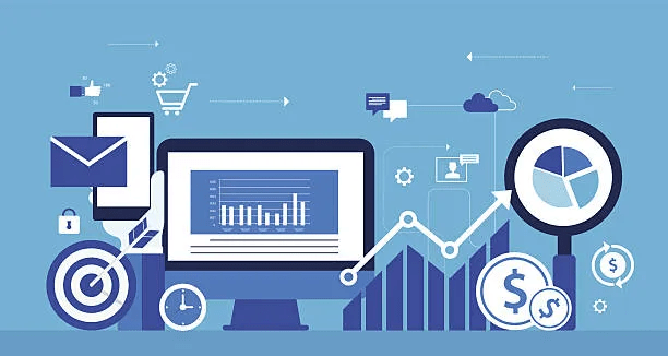 A desktop computer with various digital marketing symbols surrounding it, including a magnifying glass, pie chart, graph, target, clock, dollar sign, and social media icons.