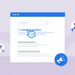 A person's hand hovering over a sponsored search result on a web page, with a megaphone icon and other symbols nearby.