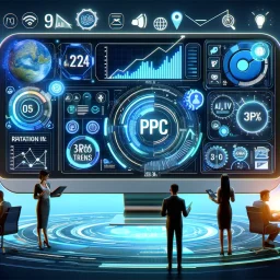 A futuristic PPC dashboard display on a large digital screen, showing analytics, graphs, and various digital marketing metrics, with business professionals analyzing data around it.