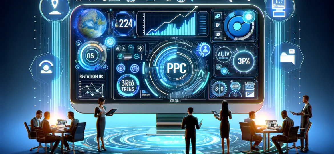 A futuristic PPC dashboard display on a large digital screen, showing analytics, graphs, and various digital marketing metrics, with business professionals analyzing data around it.