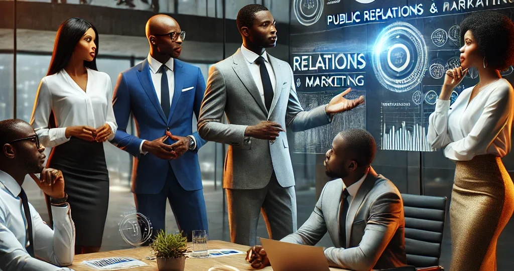 A professional Nigerian business team collaborating in a modern office, focusing on public relations and marketing strategies to boost brand reputation and business growth.