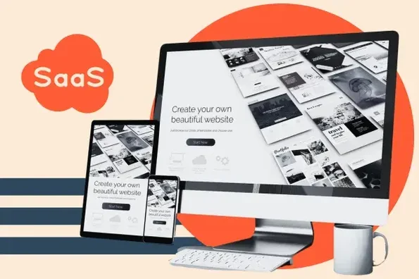 A desktop computer, tablet, and smartphone displaying a website builder platform with a cloud icon labeled "SaaS."