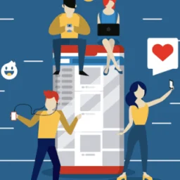 People interacting with a large smartphone, using various devices and social media.