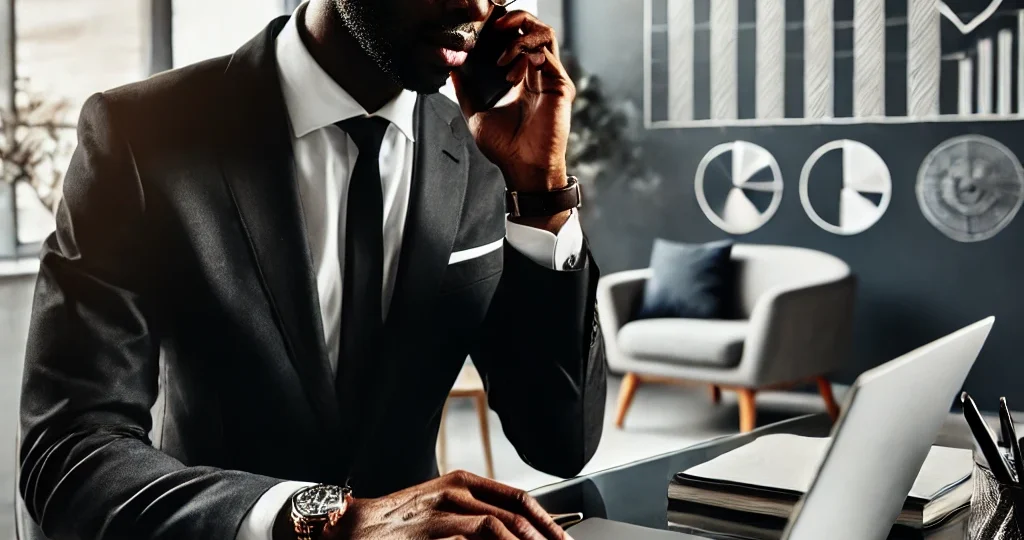 A Black businessperson working in a modern office, focused on sales calls and using a laptop, with charts and growth statistics in the background, reflecting productivity and success.