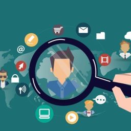 A magnifying glass focusing on a person's face, surrounded by various social media icons and a world map.