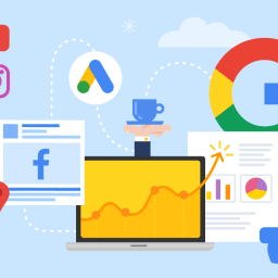 Ultranet think Google Ads is Important 23 A laptop displaying a graph with an upward trend, surrounded by icons representing Google Ads, Facebook, social media, and analytics.