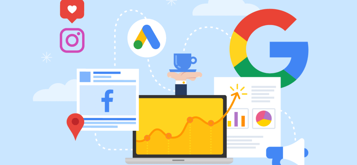 A laptop displaying a graph with an upward trend, surrounded by icons representing Google Ads, Facebook, social media, and analytics.