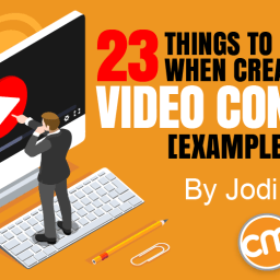 A man standing in front of a large computer screen, pointing at a video play button. The text "23 THINGS TO CONSIDER WHEN CREATING VIDEO CONTENT [EXAMPLES]" is displayed above the image, along with the author's name and the Content Marketing Institute logo.