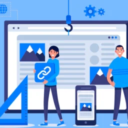 20 Website Maintenance Checklist for Performance & Security 3 Two people working on a website, one holding a link icon and the other using a laptop. A ruler and a crane are also present, symbolizing website design and development.