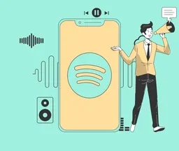 The Ultimate Guide to Advertising on Spotify 21 A man shouting into a megaphone, standing next to a large smartphone with the Spotify logo.