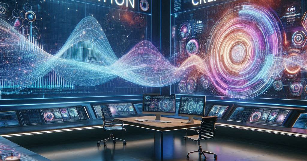 Futuristic workspace showcasing AI technology with digital screens generating creative content in art, writing, and music.