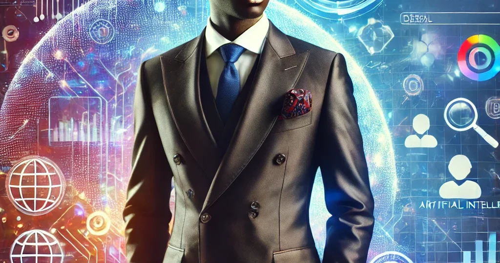 A confident Black businessperson stands in front of a modern, AI-themed background, symbolizing empowerment in the Nigerian business community.