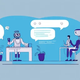 How Chatbots Can Help Lead Generation and Get You More Quality Leads 29 Two robots conversing with each other, one holding a smartphone and the other sitting at a desk with a laptop.