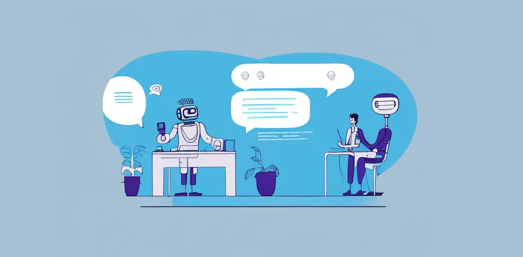 Two robots conversing with each other, one holding a smartphone and the other sitting at a desk with a laptop.