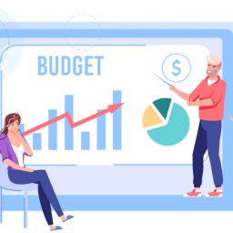 Choosing your Initial Google Ads Budget 7 A group of people discussing a budget plan. They are standing around a large screen showing a bar graph, a pie chart, and the word "BUDGET."