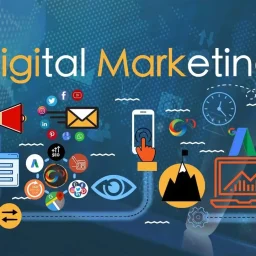 A visual representation of digital marketing, featuring various symbols and icons related to online marketing strategies.