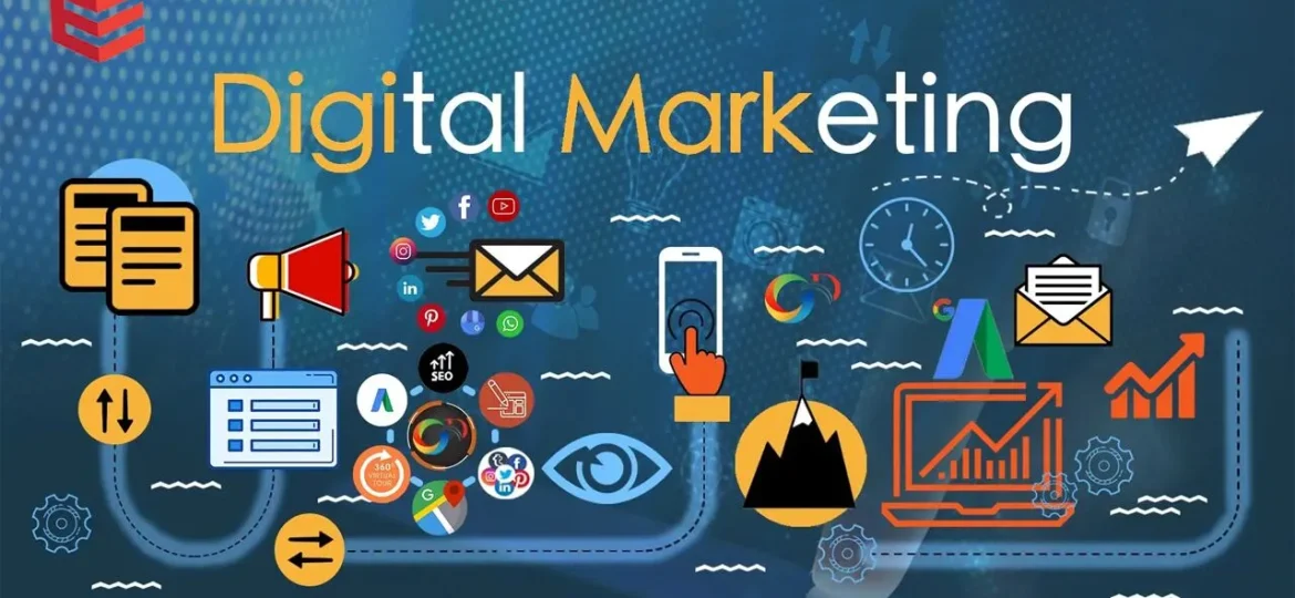 A visual representation of digital marketing, featuring various symbols and icons related to online marketing strategies.