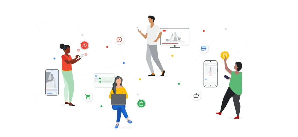 A group of diverse people using various Google products and services, connected by lines and symbols representing digital interactions.