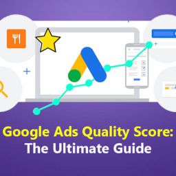 A laptop screen showing the Google Ads logo, a search bar, and a line graph representing ad performance. Surrounding icons include a star, a restaurant, a magnifying glass, a pencil, and a checkmark.