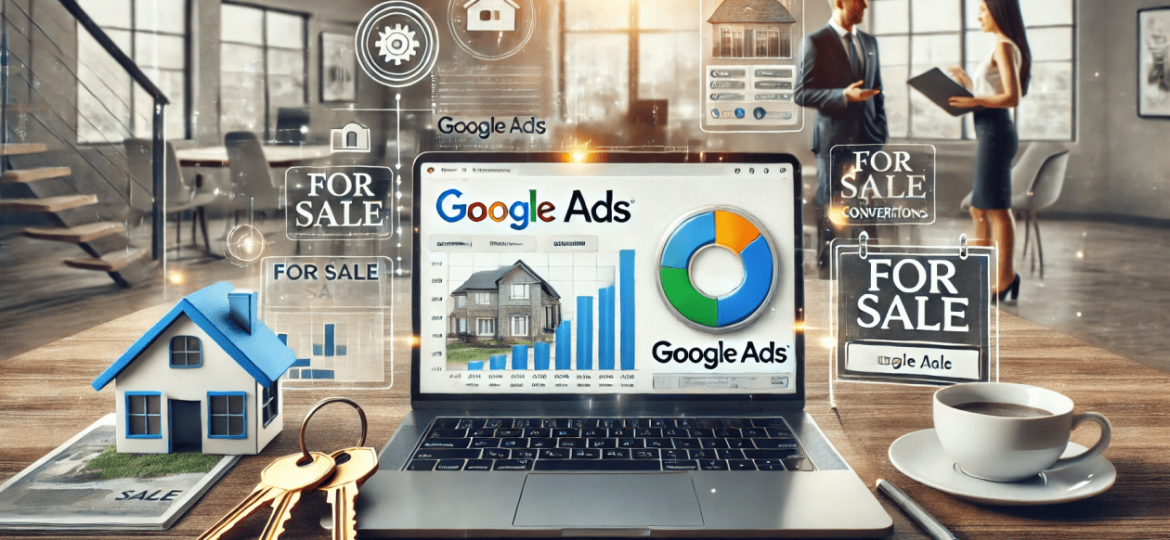 Text that says "Google Ads" multiple times, with the words "FOR SALE" interspersed. The background appears to be a blurred image of a computer screen