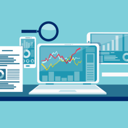 A laptop, tablet, smartphone, and document with data visualizations and a magnifying glass on a desk.