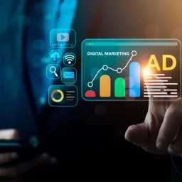 5 Reasons to Verify Your Google Ads Account Early 11 A person's finger touching a digital display with a graph, the word "AD," and various social media icons.