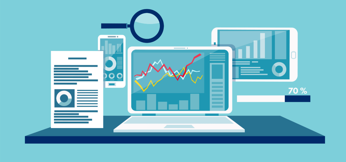 A laptop, tablet, smartphone, and document with data visualizations and a magnifying glass on a desk.