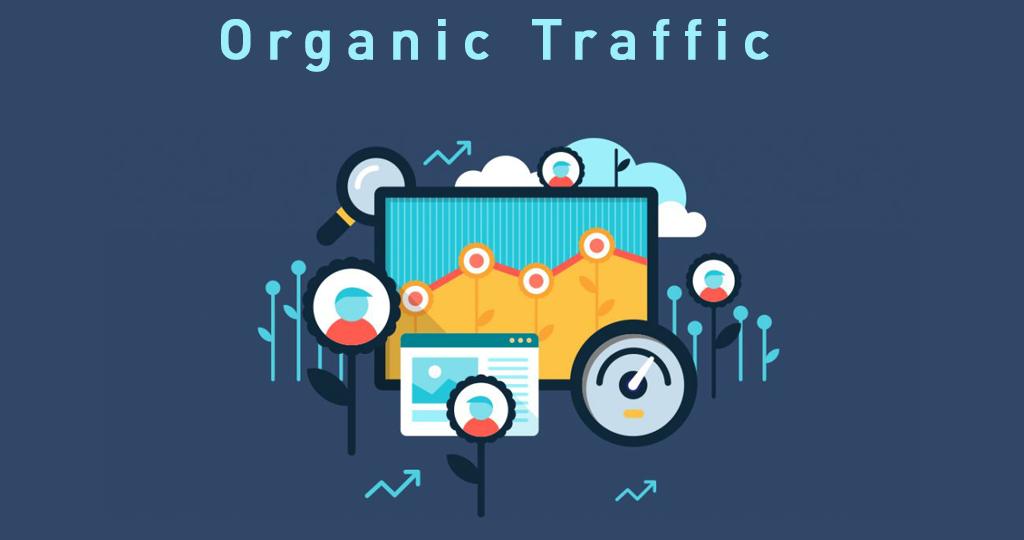 An illustration of organic traffic, featuring a magnifying glass, a computer screen, a speedometer, and a line graph on a dark blue background.