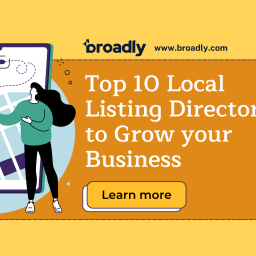 wo people standing in front of a large smartphone, pointing at a map with a search bar. The background is yellow with the text "Top 10 Local Listing Directories to Grow Your Business" and a call to action button that says "Learn more."