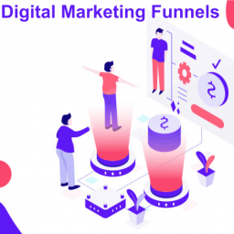 Top 8 Stages of Digital Marketing Funnel 3 An illustration of a digital marketing funnel with two people interacting. One person is standing on a platform, representing the awareness stage, while the other is pushing them towards a larger platform with a dollar sign, symbolizing the conversion stage.