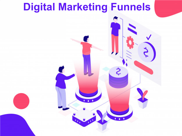 An illustration of a digital marketing funnel with two people interacting. One person is standing on a platform, representing the awareness stage, while the other is pushing them towards a larger platform with a dollar sign, symbolizing the conversion stage.