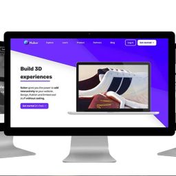 6 cool ways to make visitors stay longer on your website 17 Multiple computer screens displaying a website with a modern, minimalist design, showcasing 3D experiences and interactive elements.